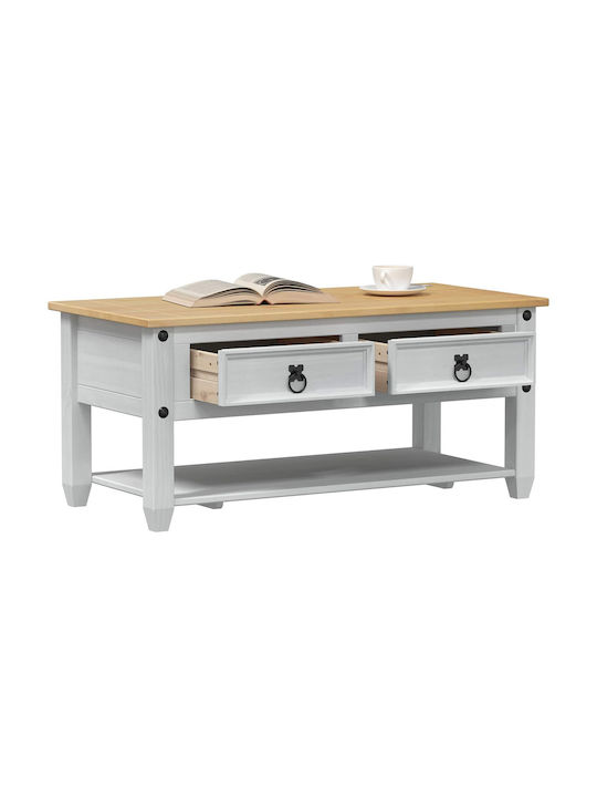 Rectangular Central Coffee Table Made of Solid Wood with Drawers White W100xD48xH45cm