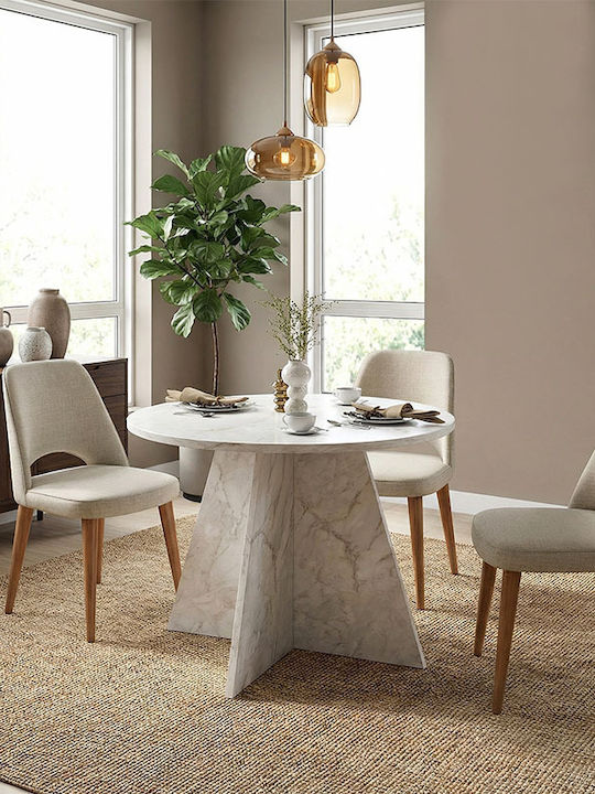 Tailor Round Dining Room Table Wooden White Marble Effect 100x100x75.7cm