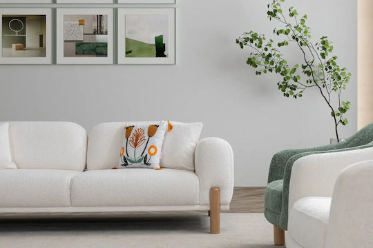 Wohnzimmermöbel-Set 3+3+1+1 in Grün & Ecru mit Holzbeinen 230x100x85cm