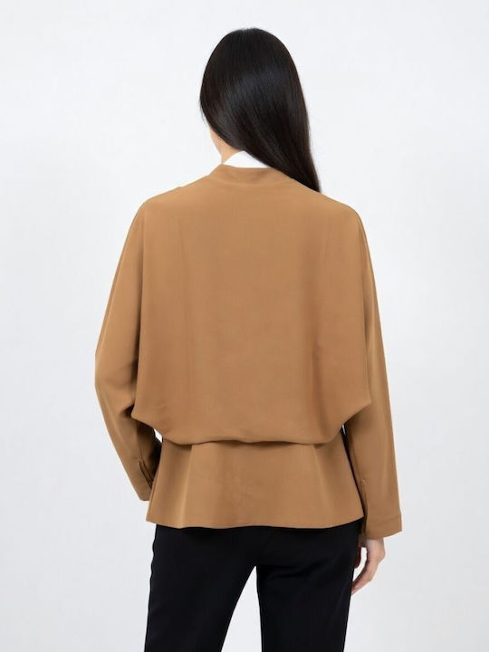 Women's Blouse Long Sleeve with V-Neck Brown