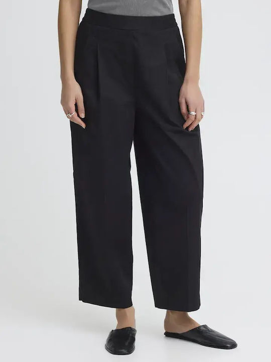 Women's High Rise Fabric Capri Trousers with Rubber Band Black