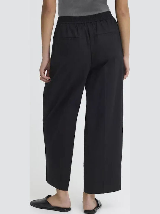 Women's High Rise Fabric Capri Trousers with Rubber Band Black