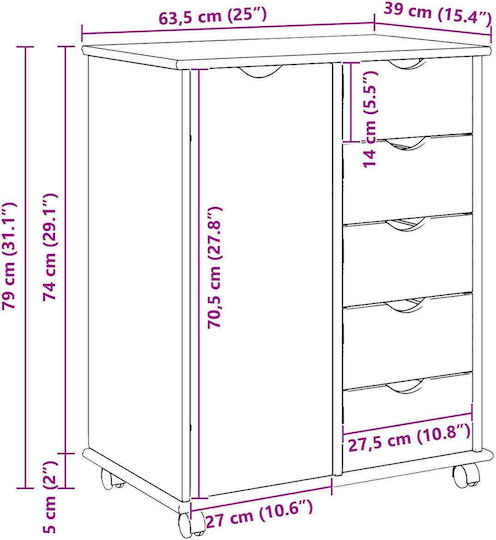 Bedroom Chest of Drawers Made of Solid Wood with 5 Drawers 63.5x39x79cm