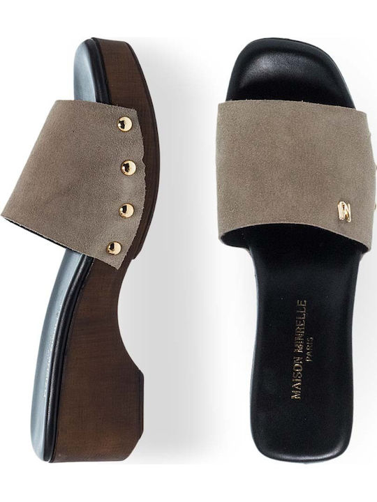Leder Damen Pantoletten mit Absatz in Grau Farbe