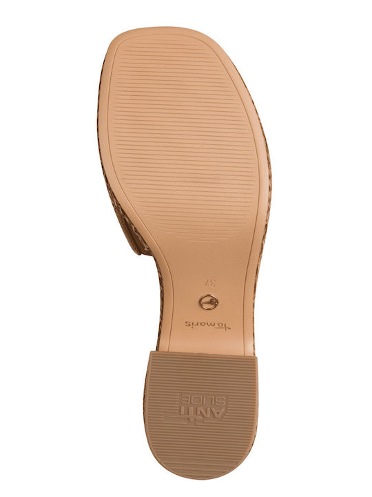 Leder Damen Pantoletten mit Chunky Hoch Absatz in Tabac Braun Farbe