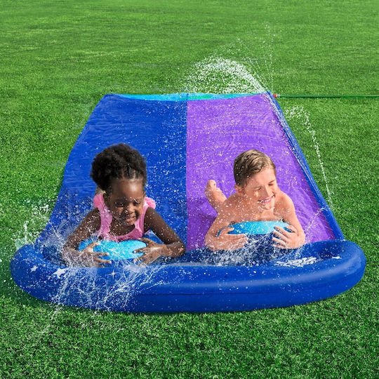 Set Dublu Tobogan de Apă Bestway Tobogan 2 Saltele Gonflabile 488-138 Cm Pvc Tematic Spațial Mov Albastru