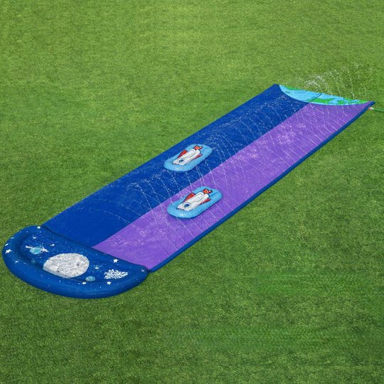 Set Dublu Tobogan de Apă Bestway Tobogan 2 Saltele Gonflabile 488-138 Cm Pvc Tematic Spațial Mov Albastru