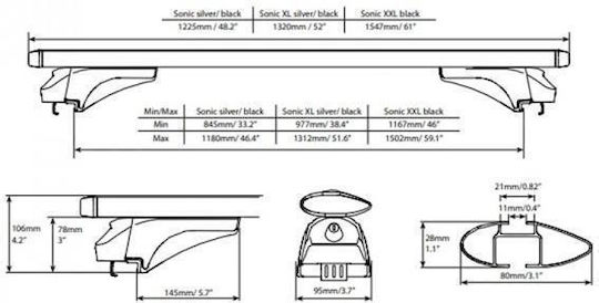 Menabo – Autodachträger Silber Aluminium Sonic mit Schloss Flush Raised Rails Sichere Ladungstransport – 2 Stück 16110/mb