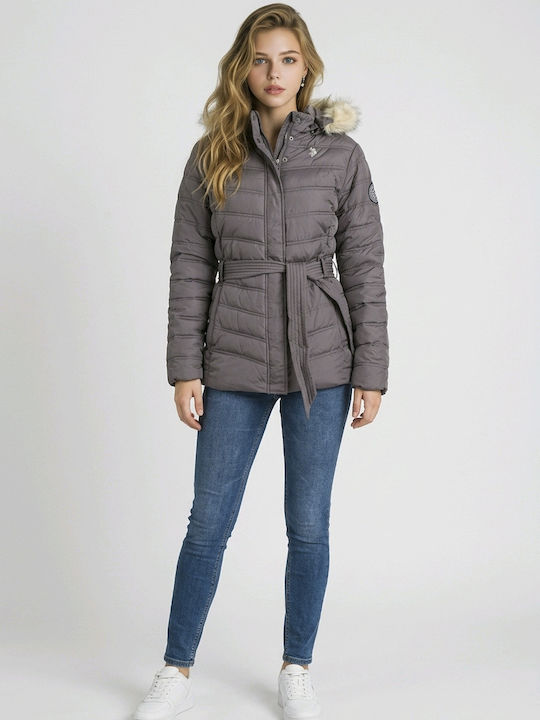 Lang Damen Puffer Jacke mit pelziger Kapuze für Winter Gray