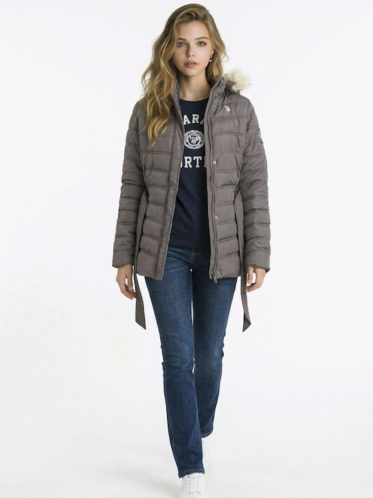 Lang Damen Puffer Jacke mit pelziger Kapuze für Winter Gray