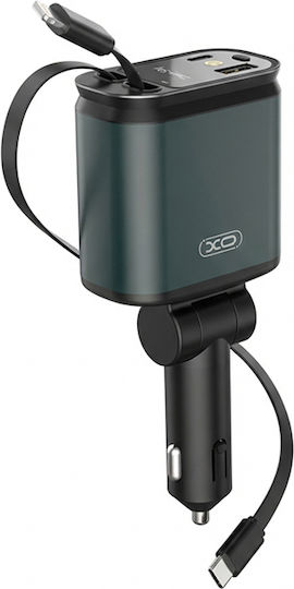 XO Car Charger 45W Fast Charging with Ports 1xUSB 1xType-C with Embedded Lightning Cable Green Colour
