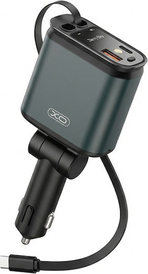 XO Car Charger 45W Fast Charging with Ports 1xUSB 1xType-C with Embedded Lightning Cable Green Colour