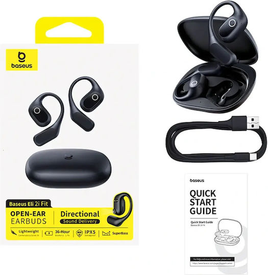 Baseus Eli 2i Fit Open Ear Bluetooth Handsfree Ακουστικά με Αντοχή στον Ιδρώτα και Θήκη Φόρτισης Μαύρα