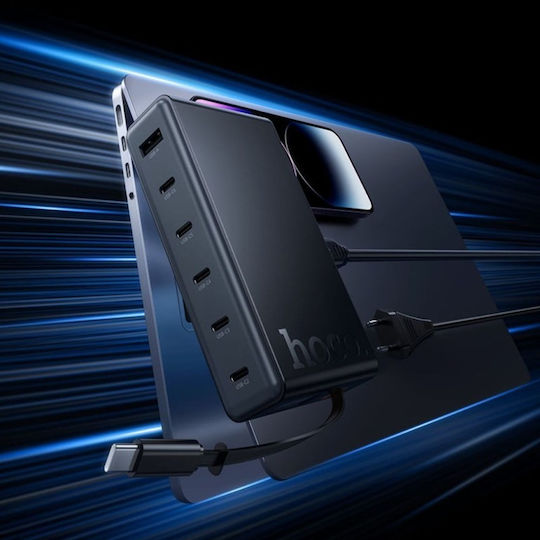 Hoco GaN с USB-A порт и 5 USB-C порта и кабел USB-C 50W Power Delivery / Quick Charge 3.0 Черен (C151A)