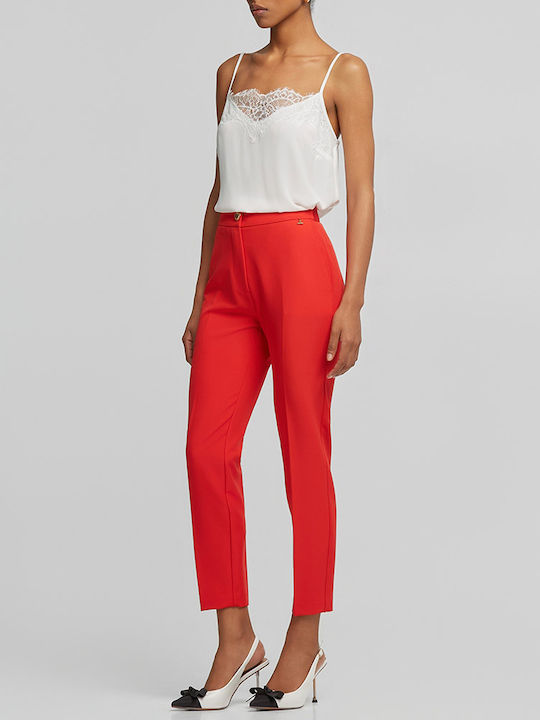 Women's Fabric Trousers with Rubber Band in Slim Fit Red