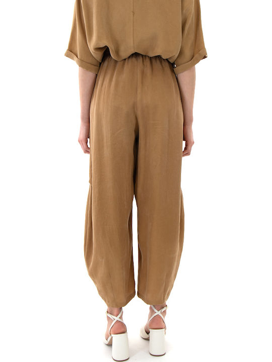 Pants Women's High Rise Fabric Trousers with Rubber Band Gold