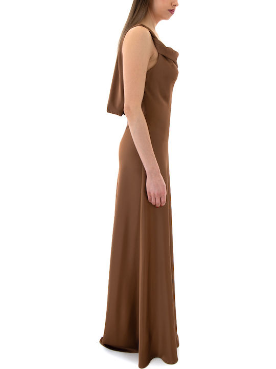 Summer Maxi Evening Dress Satin Drape Brown