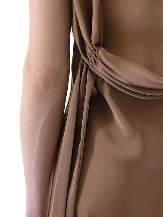 Summer Maxi Evening Dress Satin Drape Brown