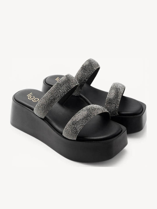 Schwarze Flatforms Doppelriemchen Glitzer