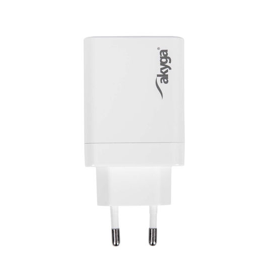 Akyga Charger Without Cable GaN with 2 USB-C Ports 45W Power Delivery / Quick Charge 3.0 White (AK-CH-29)
