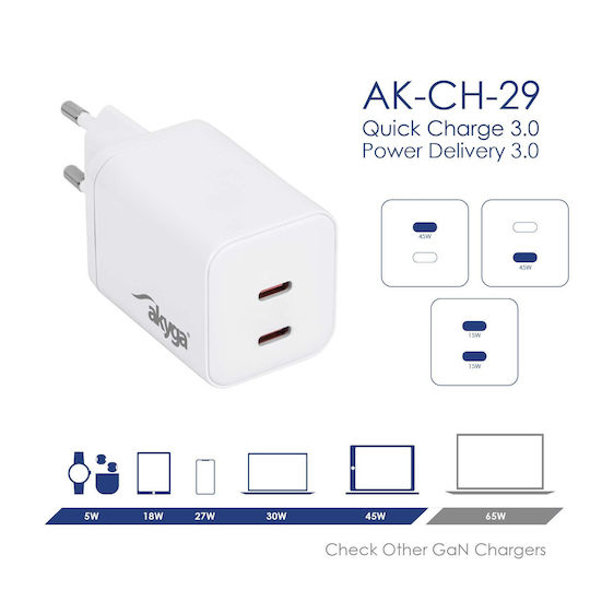 Akyga Charger Without Cable GaN with 2 USB-C Ports 45W Power Delivery / Quick Charge 3.0 White (AK-CH-29)