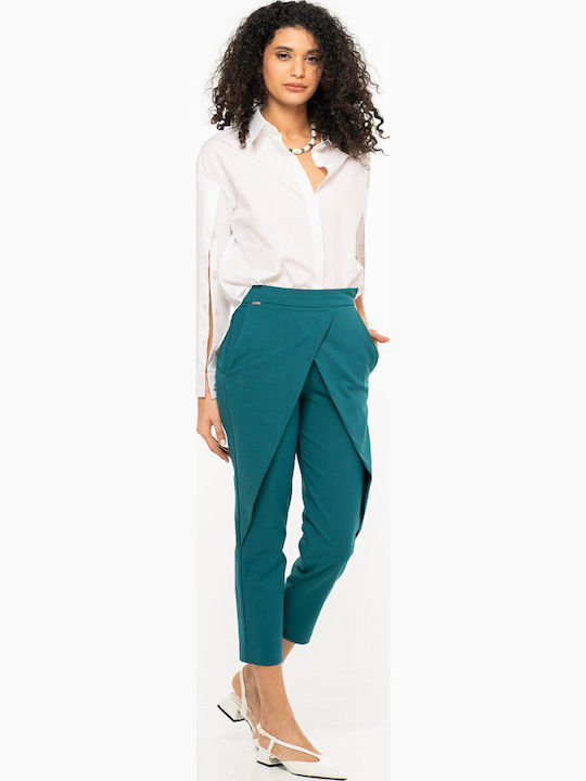 Pantaloni Dama Din Țesătură Cu Linie Tapered Cu Dungi Turcoaz