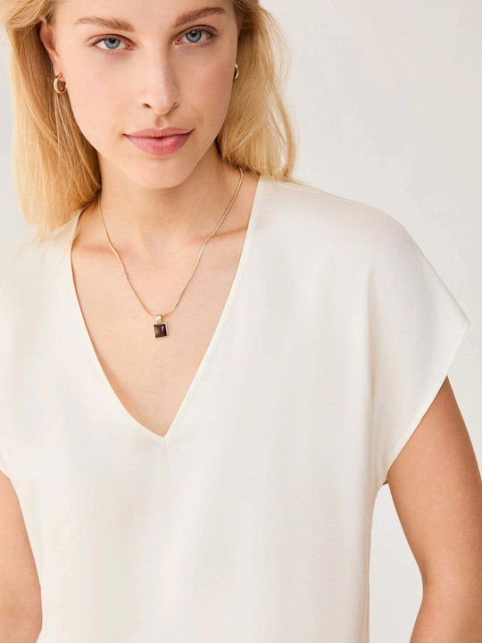 Women's Short Sleeve Blouse with V-Neckline Ecru