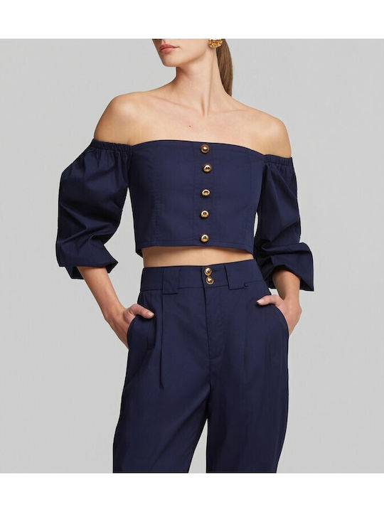 Women's Crop Top Cotton Long Sleeve Blue