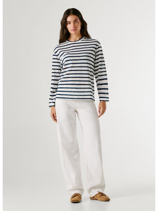 Women's Cotton Long Sleeve Striped Deep Sea Blue Top