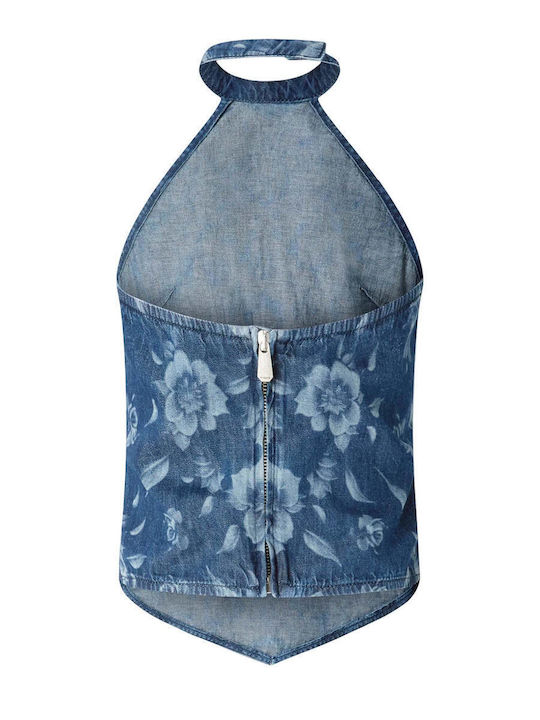 Women's Sleeveless Floral Light Denim Blouse