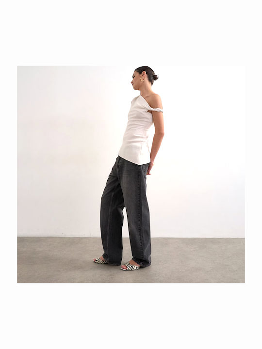 Women's Summer Linen Off-Shoulder Sleeveless Ecru Blouse