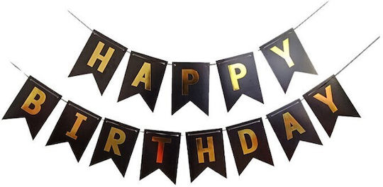 Banner Happy Birthday 100x200 Cm Dimensiune Steag 11.5x16.5 Cm Role De Ață Inclusă Negru