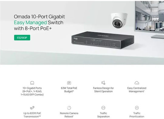 TP-LINK Omada ES210GP Combo v1 Verwaltet L2 PoE+ Switch mit 9 Ports Gigabit (1Gbps) Ethernet und 1 SFP Port