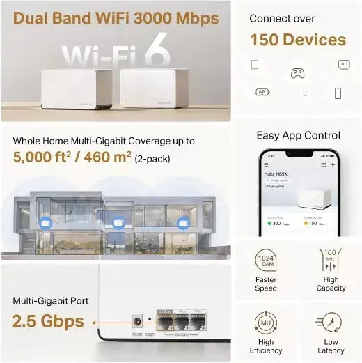 Mercusys Halo H85X WiFi Mesh Network Access Point Wi‑Fi 6 Dual Band (2.4 & 5GHz) in Triple KIt