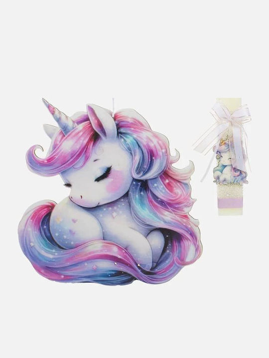 Easter Candle White Flat Wooden Board Unicorn & Glitter Details 23cm Easter Candle White Flat Wooden Board Unicorn & Glitter Details 23cm