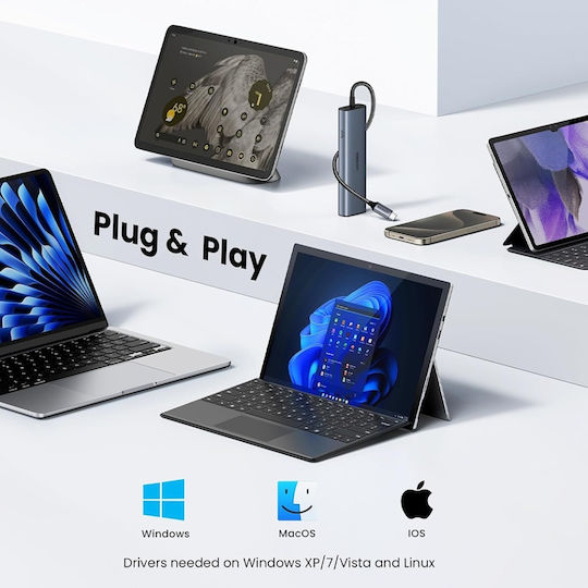 Ugreen USB 2.0 5 Port Hub with USB-C / Ethernet Connection Gray