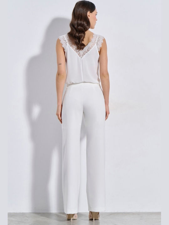 Women's High Rise Fabric Trousers in Straight Leg Off White