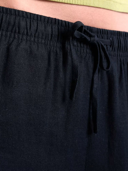 Women's Linen Trousers with Rubber Band in Straight Leg Style Black