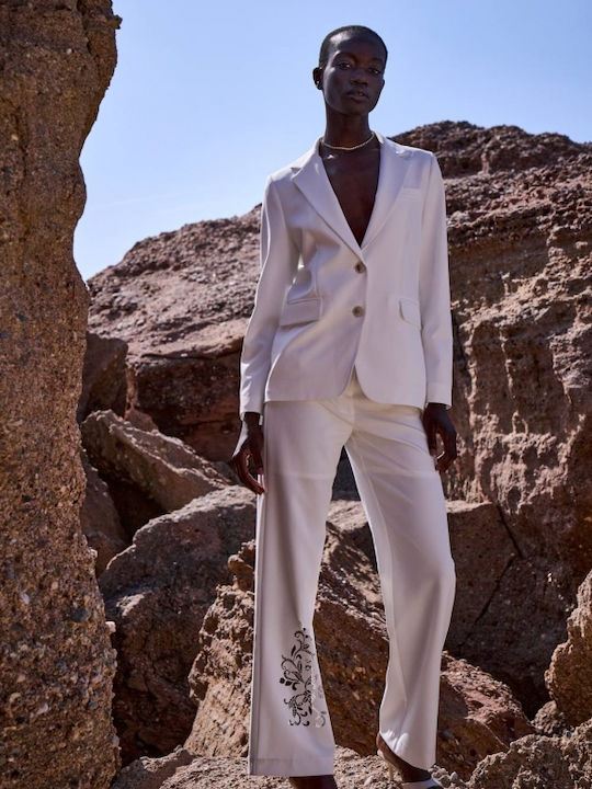 Women's High Rise Fabric Trousers in Straight Leg Off White