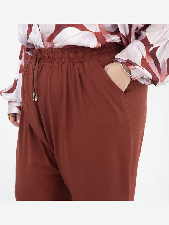 Pantaloni Dama Din Țesătură Cu Cauciuc În Linie Dreaptă Cărămiziu