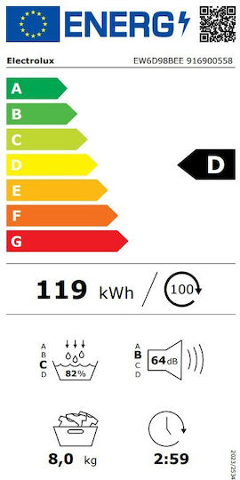 Electrolux EW6D98BEE Στεγνωτήριο 8kg με Αντλία Θερμότητας