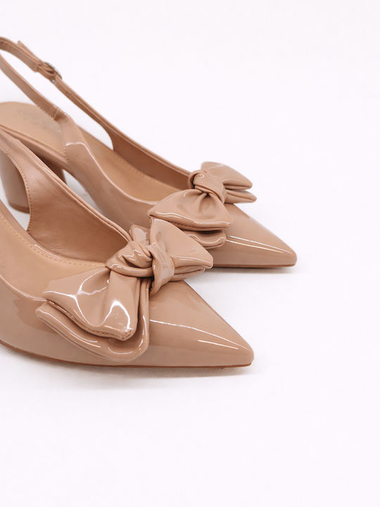 Pointed Toe Heels in Patent Leather with Strap & Chunky Mid Heel Pink