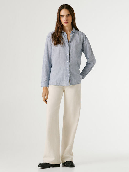 Langärmeliges Damen-Jeans-Hemd Blau Gestreift