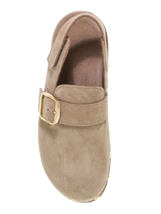 Leather Mules With Heel In Beige Colour