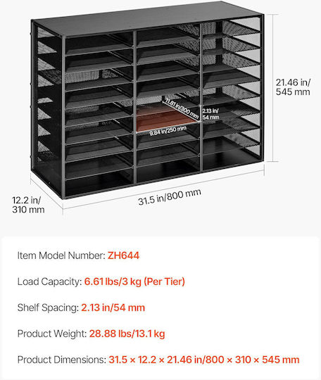 Vevor Mail Organizer 27 Slots Metallic Office Sorter Removable Wire Mesh Wooden Surface Black