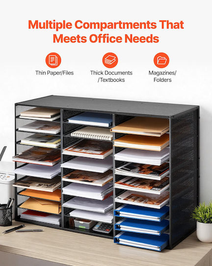 Vevor Mail Organizer 27 Slots Metallic Office Sorter Removable Wire Mesh Wooden Surface Black