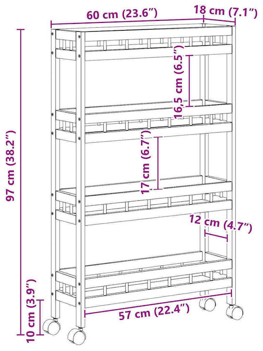 vidaXL Wooden Kitchen Trolley 3 Tiers Brown 60x18x97cm