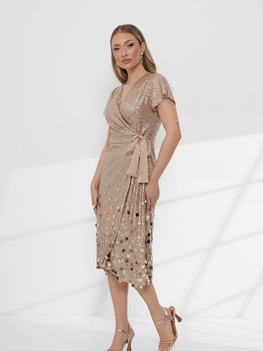 Midi Вечерна Кръстосана Рокля Champagne Glam