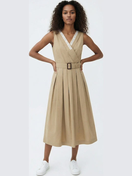 Καλοκαιρινό Midi Φόρεμα Αμάνικο Beige