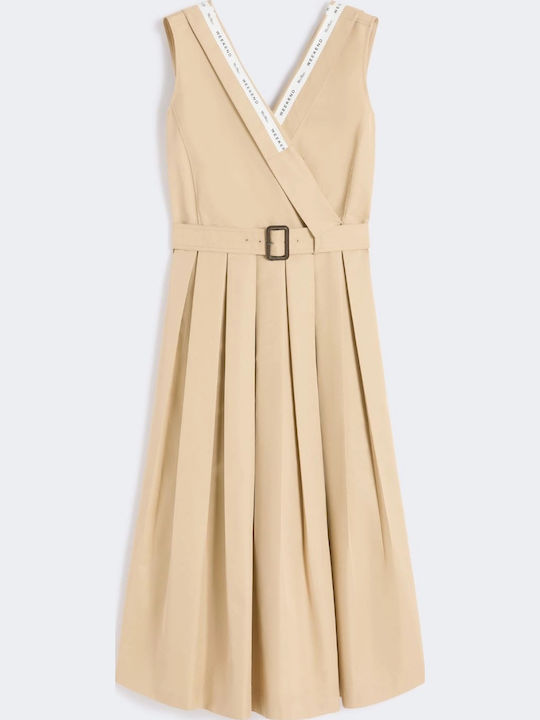 Καλοκαιρινό Midi Φόρεμα Αμάνικο Beige